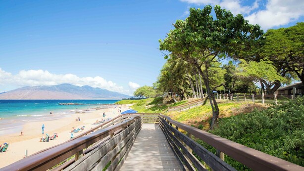 A wooden boardwalk leading to a beach with clear blue water and distant mountains.