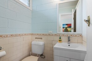 Shower, hair dryer, towels, shampoo