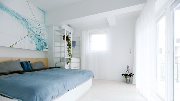 Ein modernes Schlafzimmer mit einem Bett, einer weißen Wand mit abstrakter Kunst, einem Fenster und einer Topfpflanze.