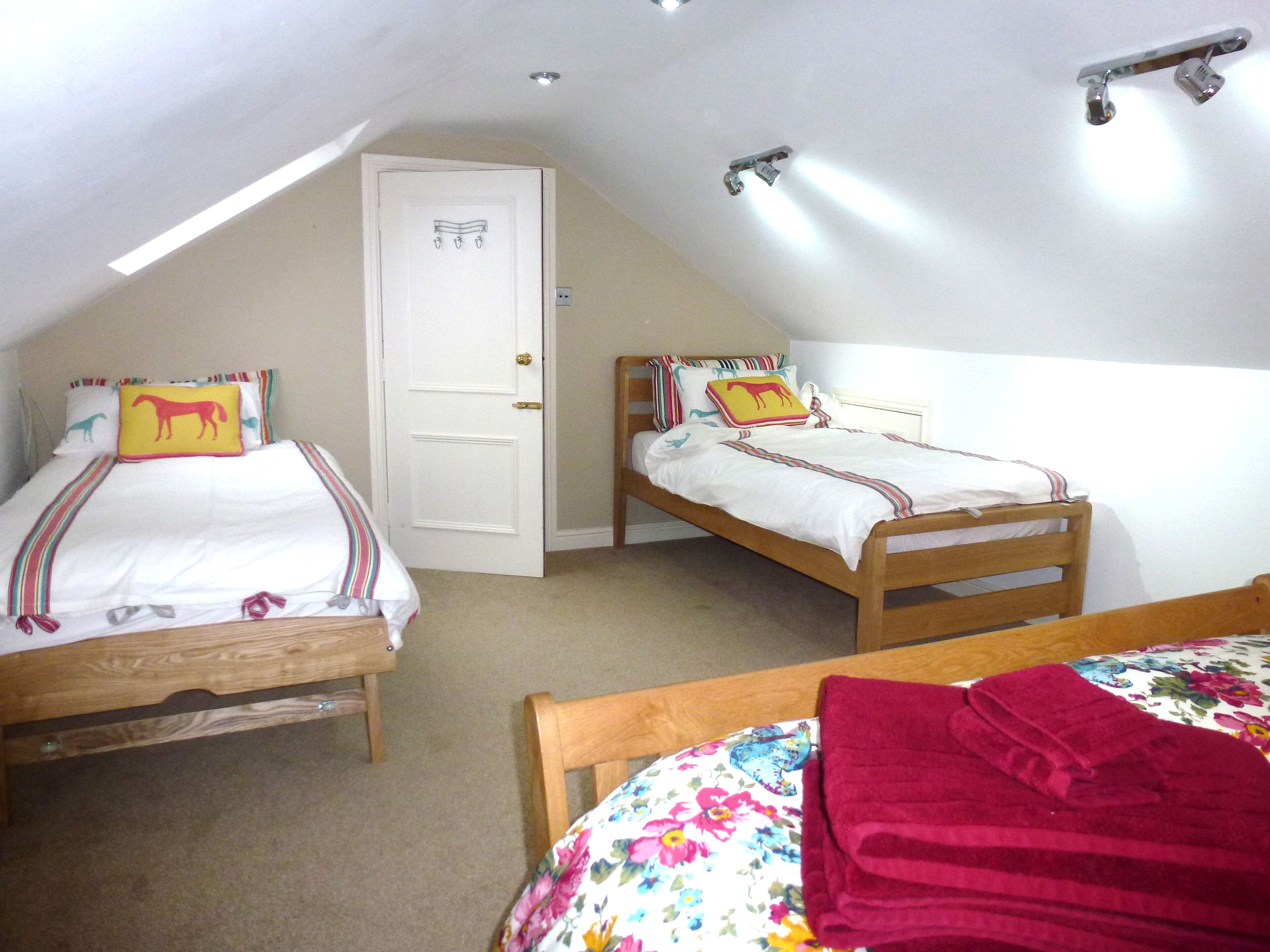 A bedroom with two single beds, a door, and a ceiling light fixture.