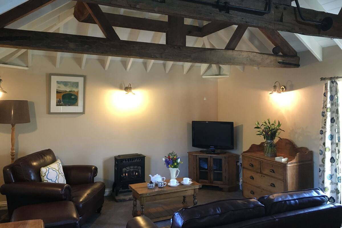 A cozy living room with a fireplace, leather sofas, a television, and wooden furniture.