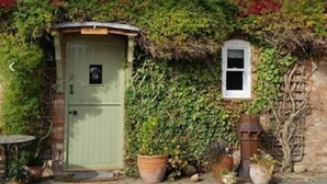 A rustic house with a green door and a small window, surrounded by lush greenery and vines. - Jockhedge Holiday Cottages (Skegness)