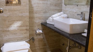 Shower, free toiletries, towels, soap