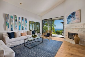 TV, fireplace, books, stereo