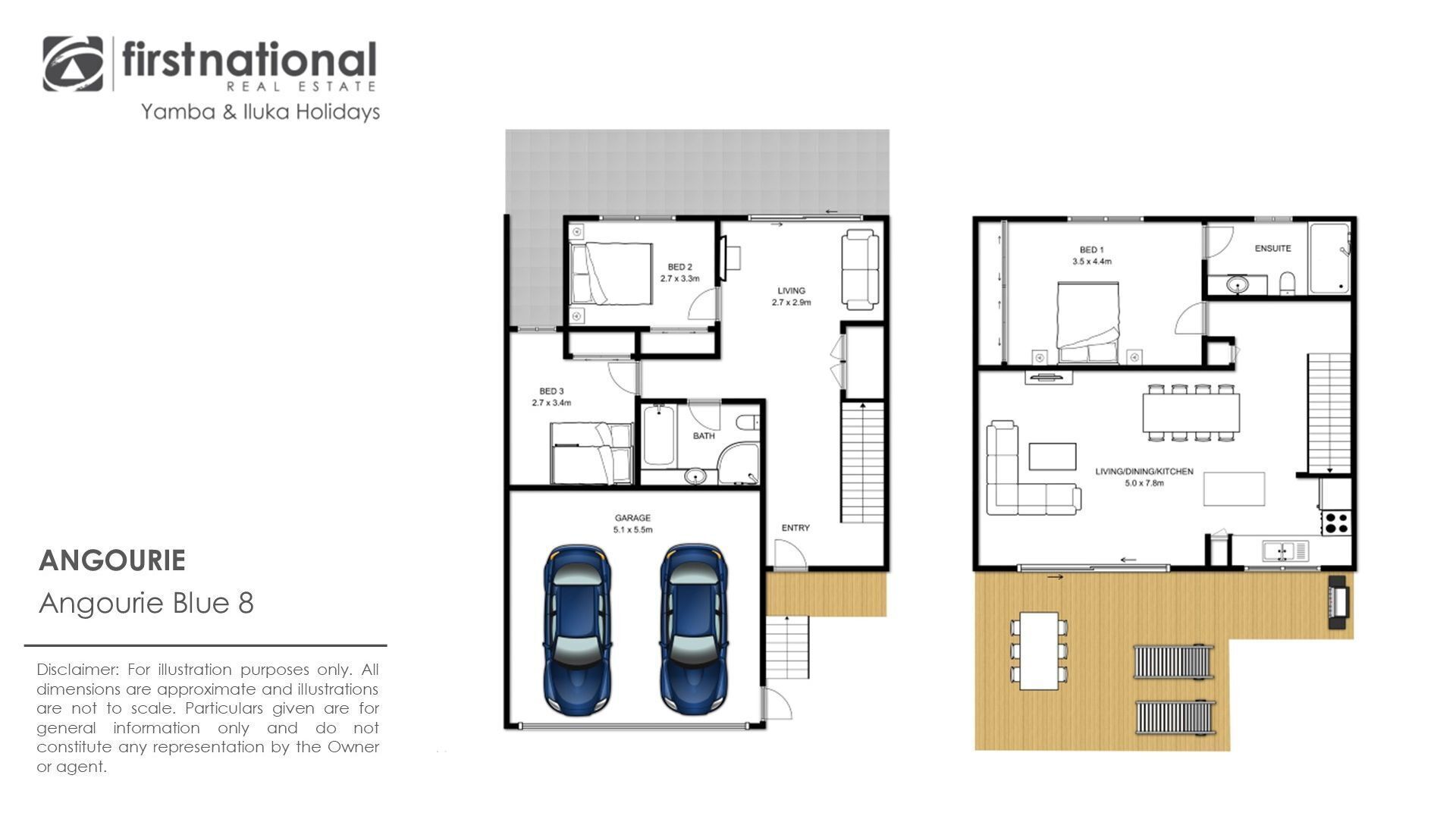 Un plan d’étage d’un appartement de deux chambres avec un garage, un salon et une cuisine/salle à manger.
