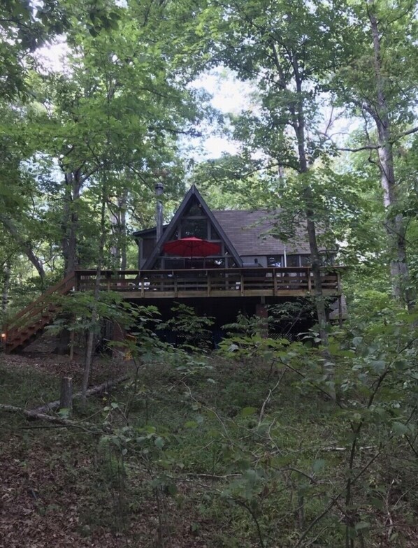 Une cabane dotée d’une terrasse en bois et d’un parasol rouge, entourée d’arbres.
