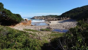 Un paysage côtier caractérisé par une plage rocheuse, des falaises et une végétation luxuriante.