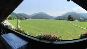 A room with a view of a green field and mountains. - Gästehaus Wiesegg (Reit im Winkl)