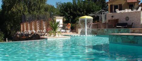 Seasonal outdoor pool, pool umbrellas, pool loungers