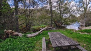 Une table de pique-nique rustique, installée dans un espace boisé, avec une rivière en arrière-plan.