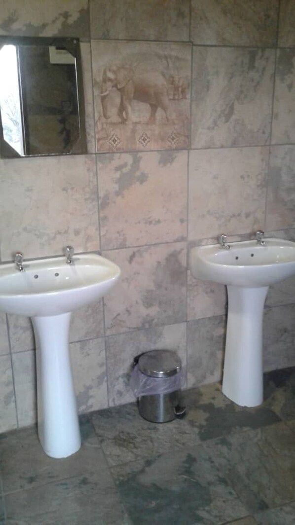 Une salle de bain avec deux lavabos blancs, une poubelle et un carrelage mural décoratif représentant un éléphant.