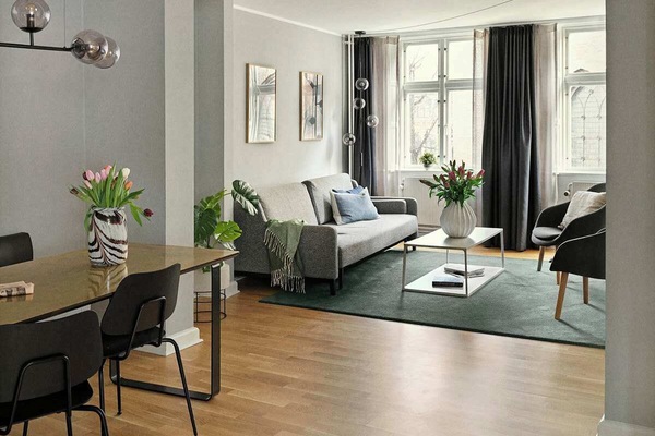 Spacious and bright living room with a comfortable sofa bed