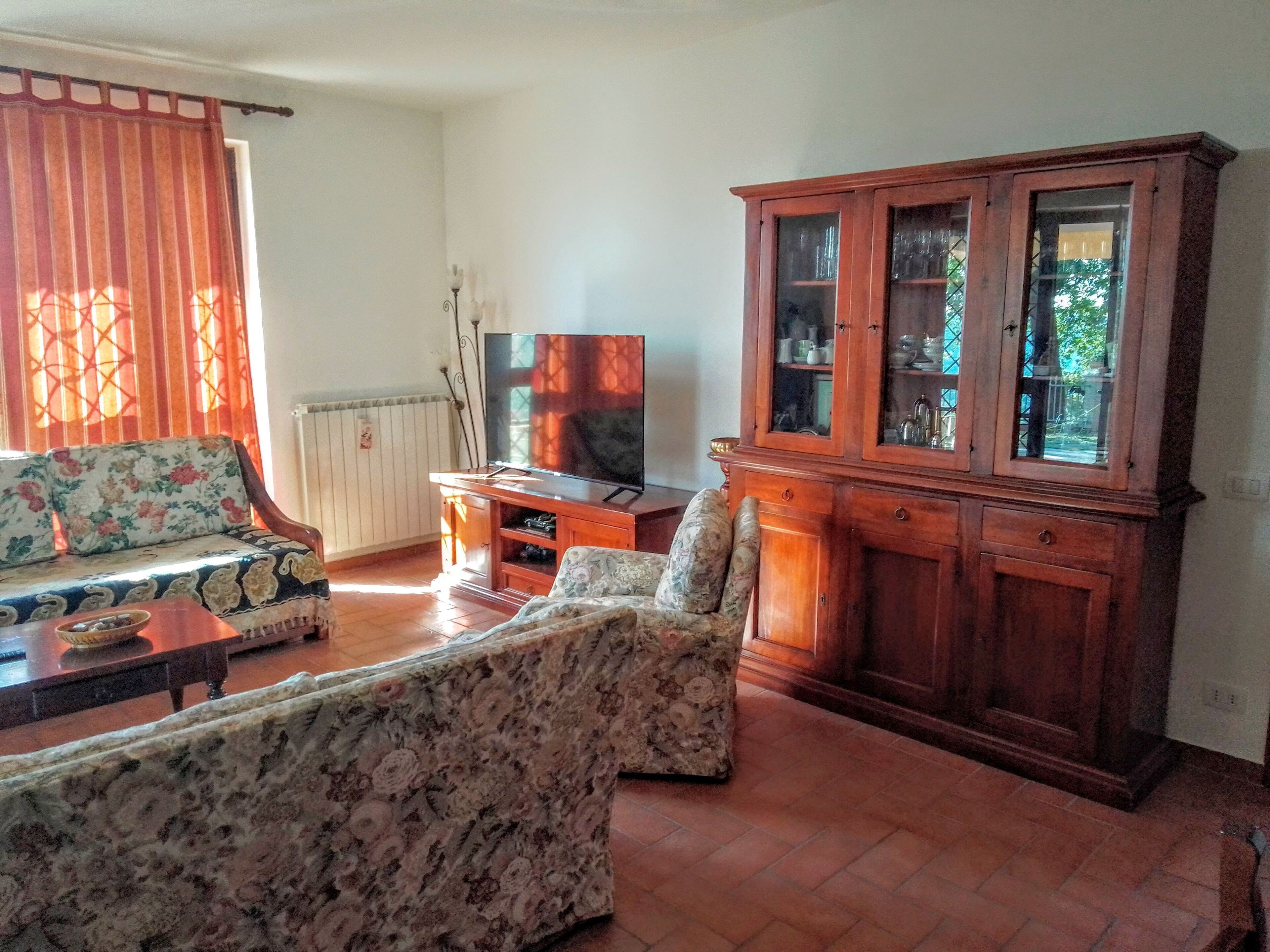 Smart TV, chimenea, libros y estéreo 