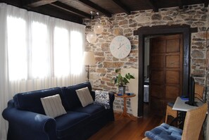 Televisión, chimenea, reproductor de DVD, libros
