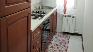 A compact kitchen with wooden cabinets, a gas stove, a sink, and a radiator. - Exclusive apartment with terrace (Padova)