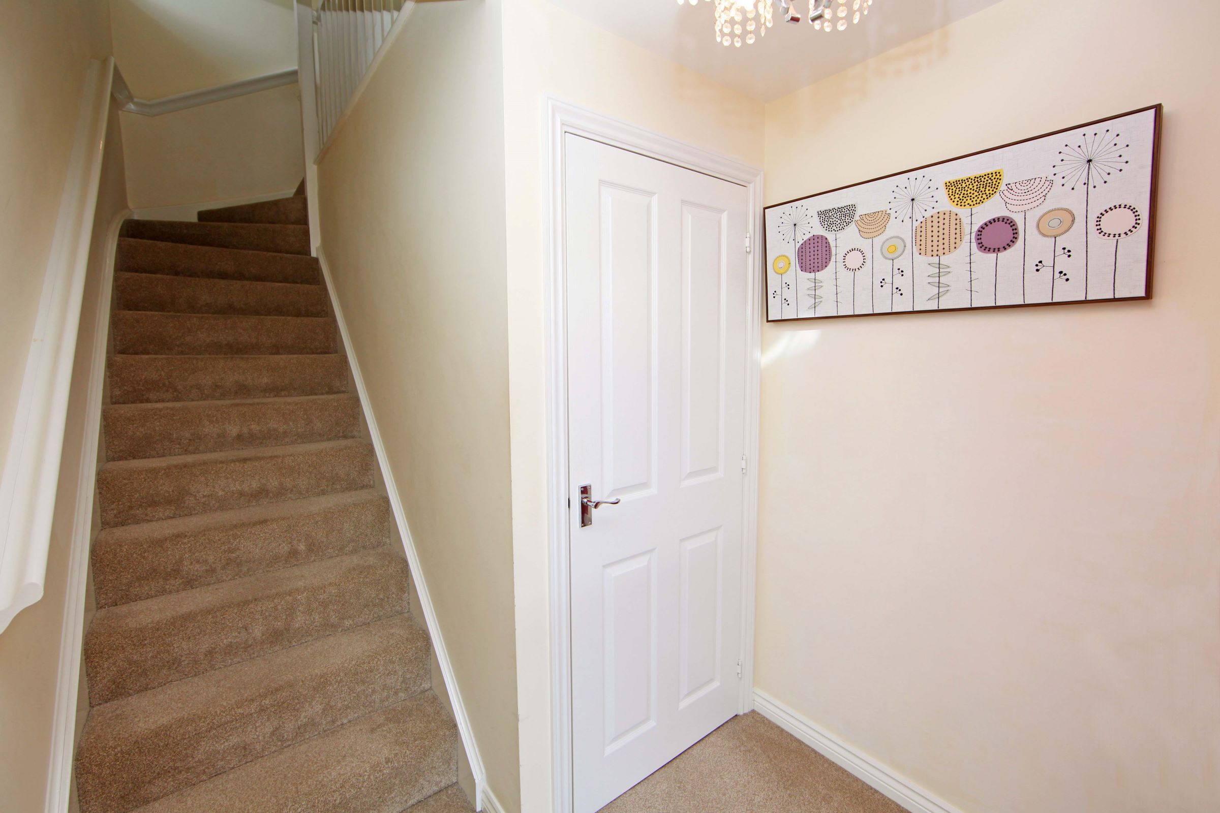 A carpeted staircase leading to a white door, with a wall-mounted artwork above.
