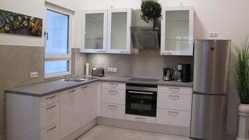 Full-size fridge, oven, stovetop, dishwasher