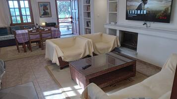 TV connectée, cheminée, chaîne hi-fi