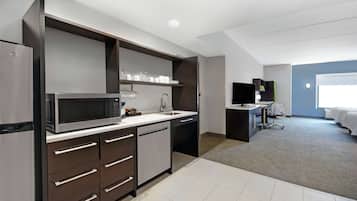 Desk, laptop workspace, blackout drapes, iron/ironing board