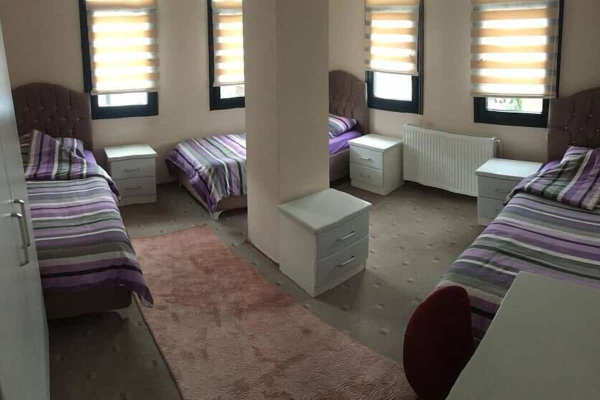 A bedroom with two beds, a desk, and a radiator.