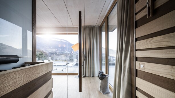 A modern interior with wooden paneling, a glass partition, and a view of a mountainous landscape. - Be Place (Trento)