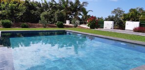 A rectangular swimming pool with clear blue water, surrounded by a well-maintained lawn and various tropical plants. - Romantic getaway, Luxury  cottage with large private heated (optional) pool (La Orotava)