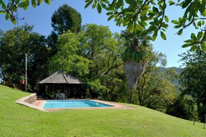 Una piscina con un pabellón, rodeada de exuberante follaje y árboles.