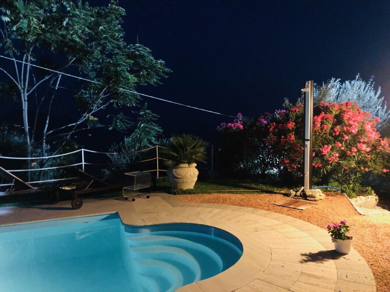 A swimming pool with a curved edge, surrounded by a paved deck. There are potted plants and a metal fence in the background.