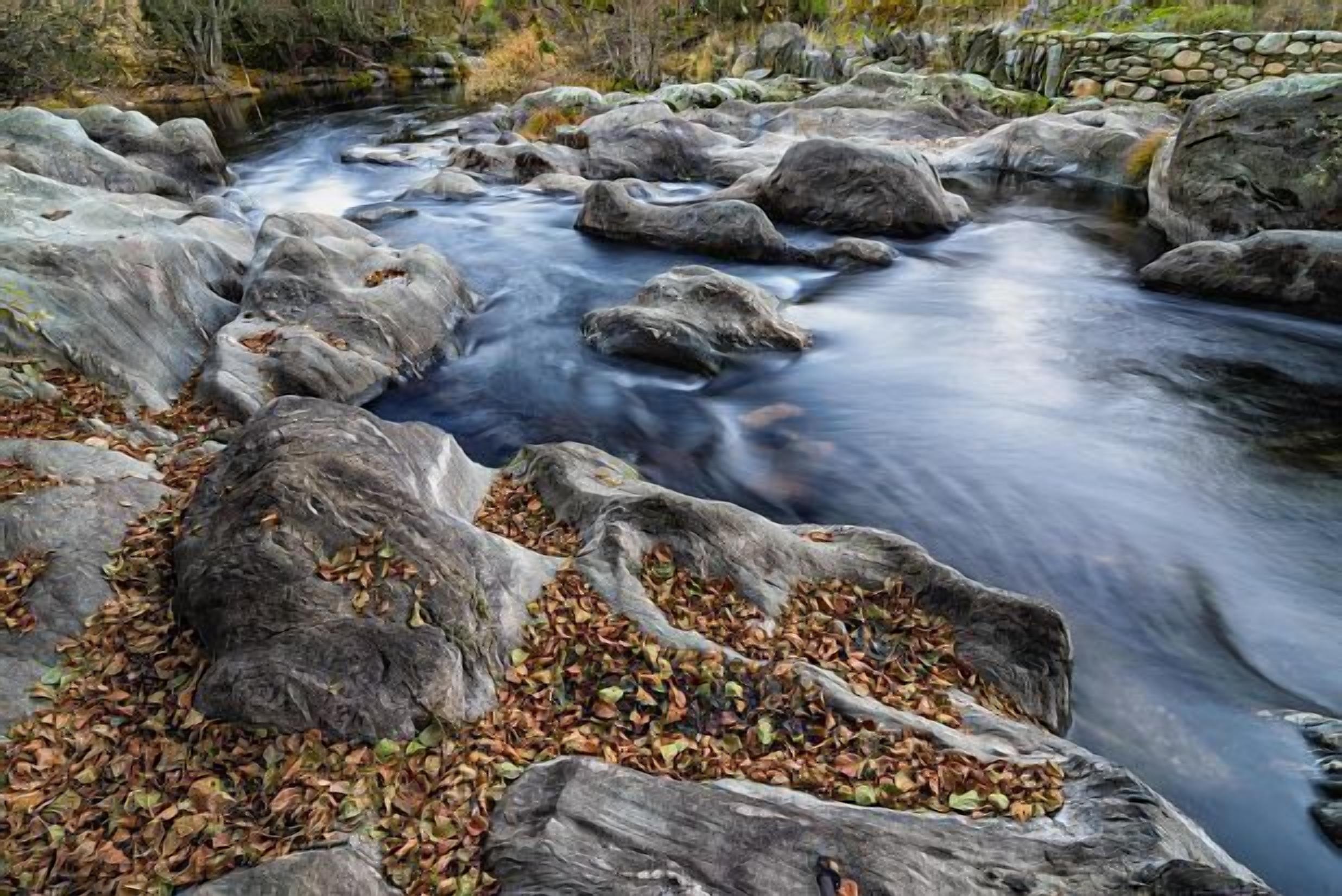 A river flowing through a rocky landscape with large boulders and fallen leaves.