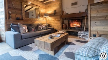 TV connectée, cheminée, livres, espaces bureaux