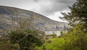 A stone house with a sloped roof, surrounded by greenery and a mountainous backdrop.