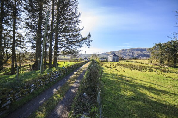 A rural landscape with a stone wall, a path, and a small house in the distance.