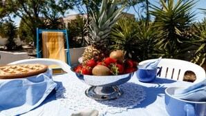 Una mesa dispuesta con un frutero, un plato de comida y una taza, al aire libre con árboles al fondo.