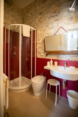Hair dryer, bidet, towels, soap