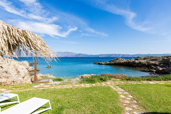 A coastal view with a grassy area, a thatched structure, and a clear blue sky.
