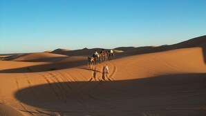 A desert landscape with sand dunes and a group of people on camels. - Bedouin Tent Merzouga (Taouz)
