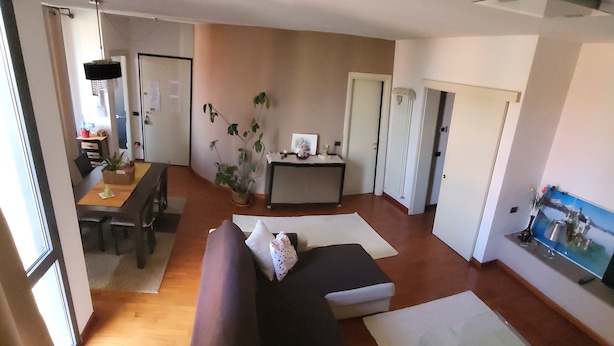A living room with a sofa, a dining table, and a kitchen area.