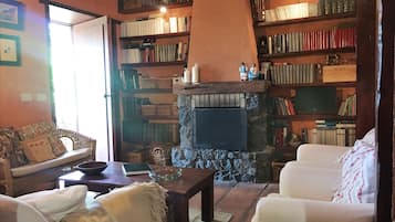 Televisión, chimenea, libros, estéreo