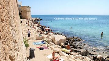 Ein Strand mit badenden Personen, Sonnengästen und einer Steinmauer links.