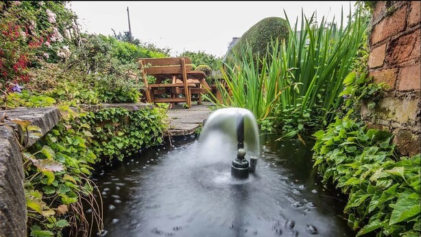 A tranquil garden with a water feature, a wooden bench, and lush greenery. - Feather Bed Cottage B&B (Coventry)