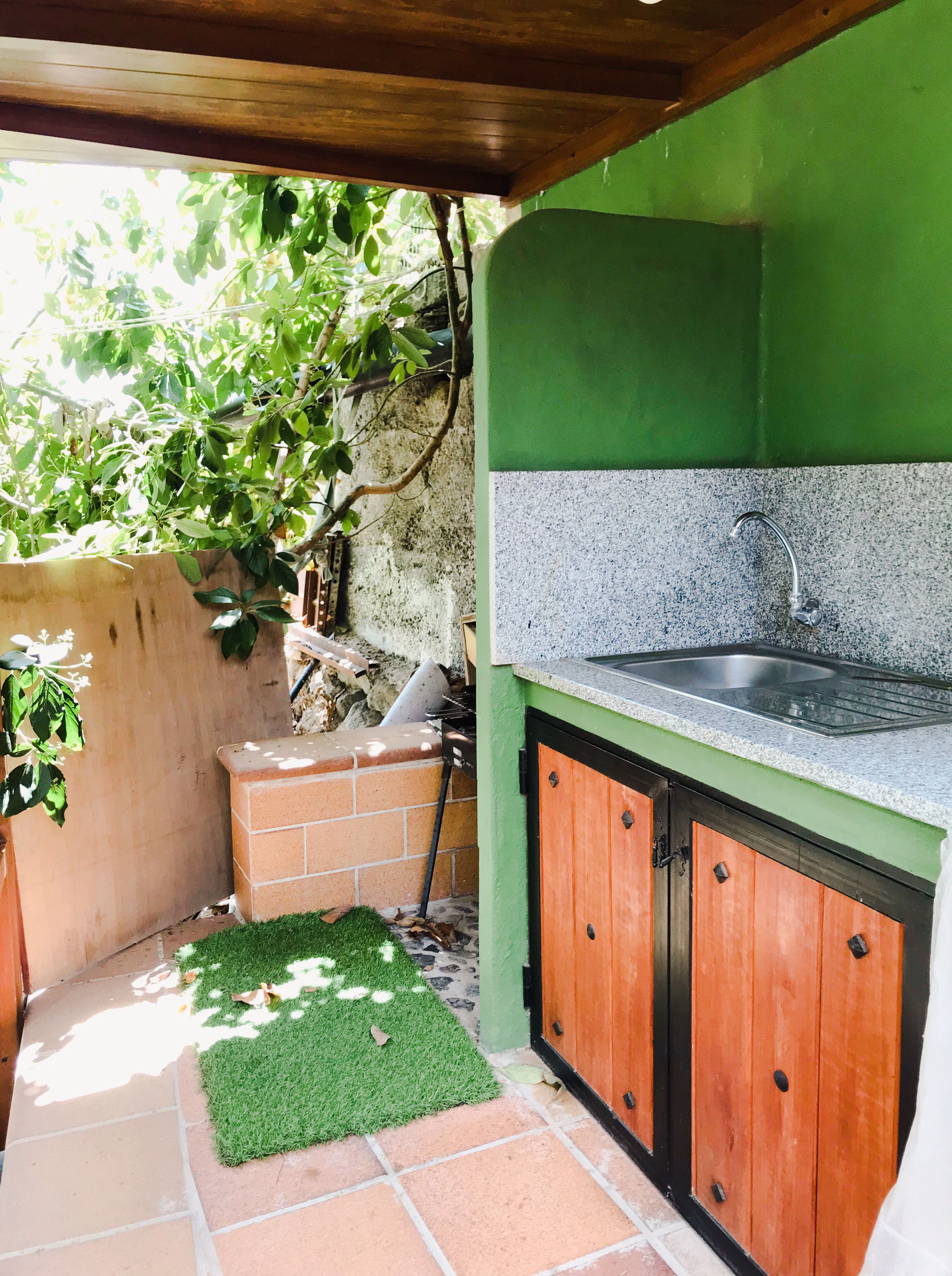 Een compacte keuken met een spoelbak, groene wanden en een klein tuinpartij met kunstgras.
