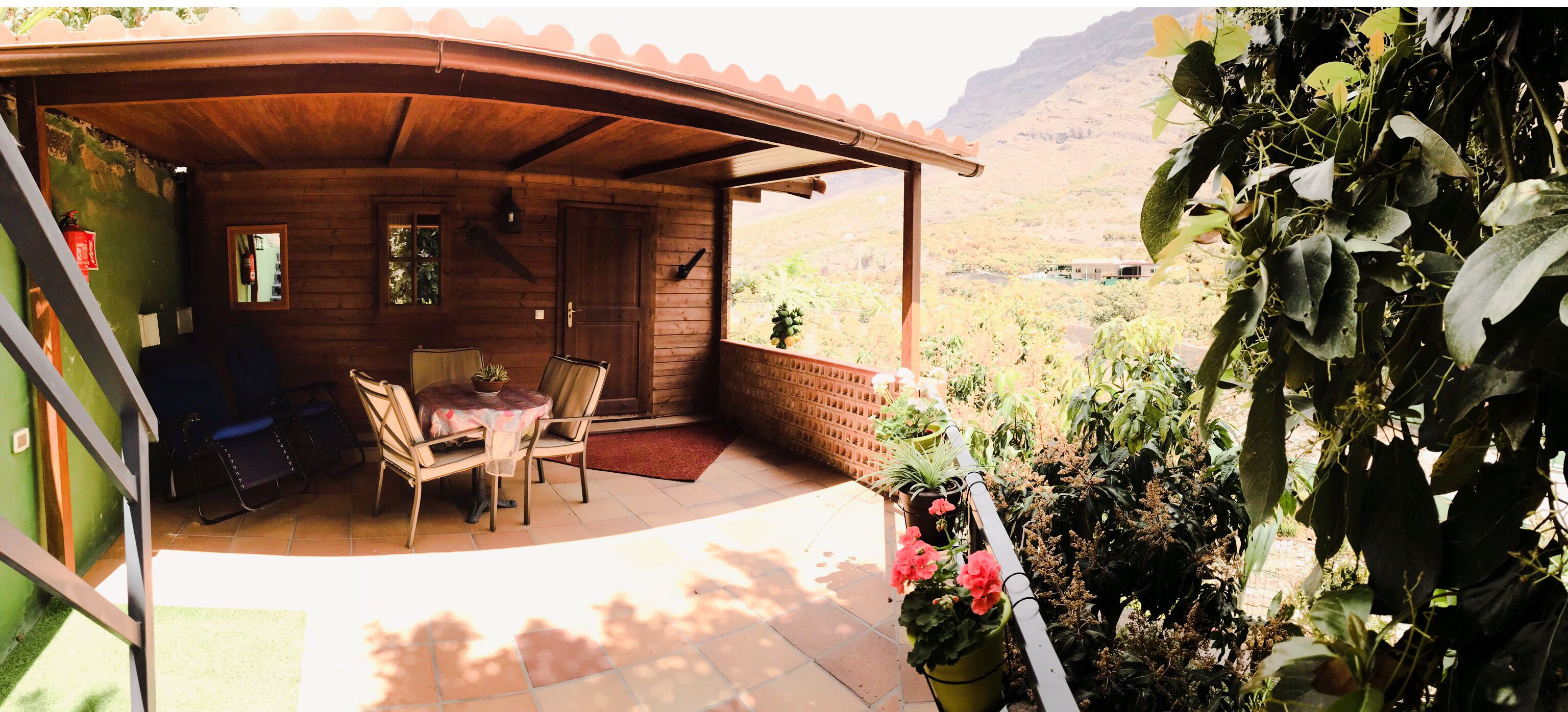 Un patio techado de madera con una mesa y sillas, rodeado de plantas y vistas al desierto.