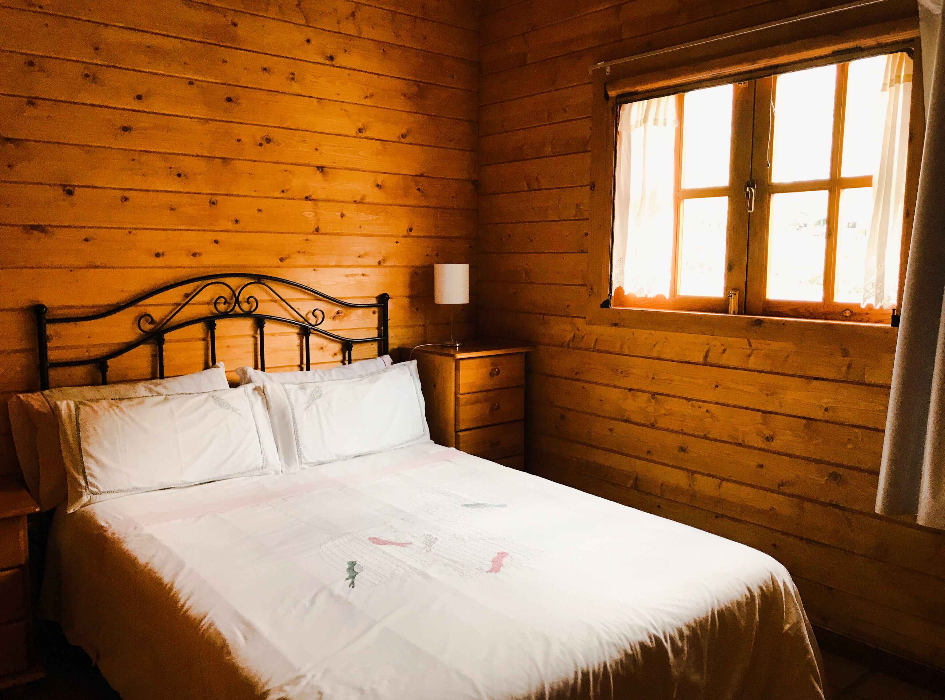 Una habitación de cabaña de madera con una cama, una mesita de noche y una ventana con cortinas.