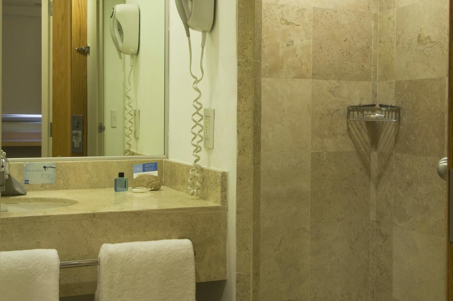 shower, rainfall showerhead, hair dryer, towels