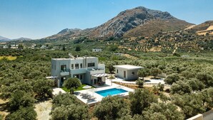 Una villa moderna con piscina, rodeada de olivos y montañas.