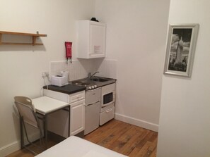 Fridge, microwave, electric kettle, toaster