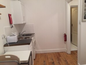 Fridge, microwave, electric kettle, toaster