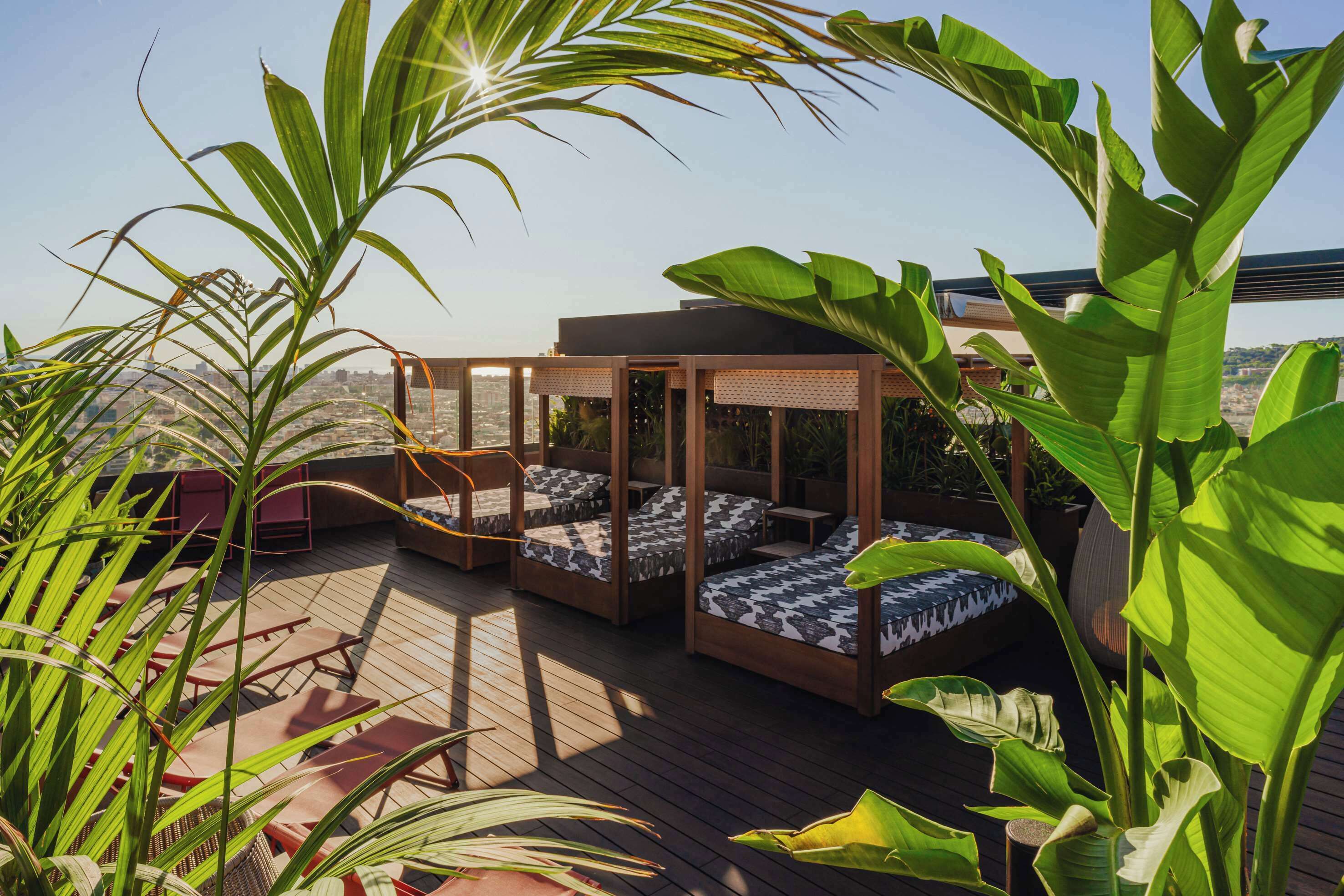 A rooftop deck with wooden flooring, a covered seating area with patterned cushions, and large green plants.