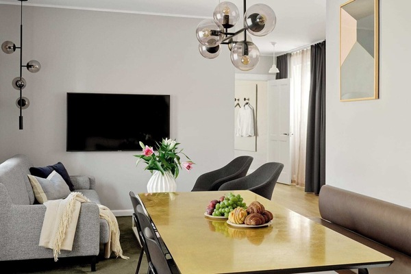 Spacious and bright living room with a comfortable sofa bed.