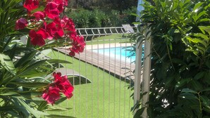 A fenced pool area with artificial grass, surrounded by lush greenery and a clear sky.